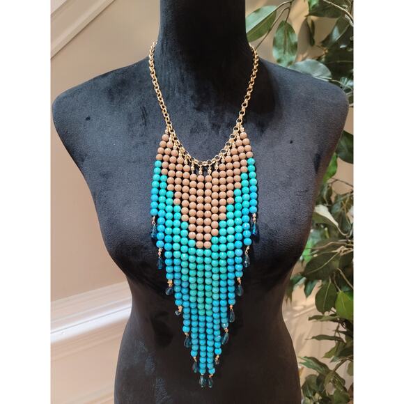 Womens Statement Beaded Necklace Brown Turquoise Layered Bib Design Lobster Lock - Picture 1 of 7